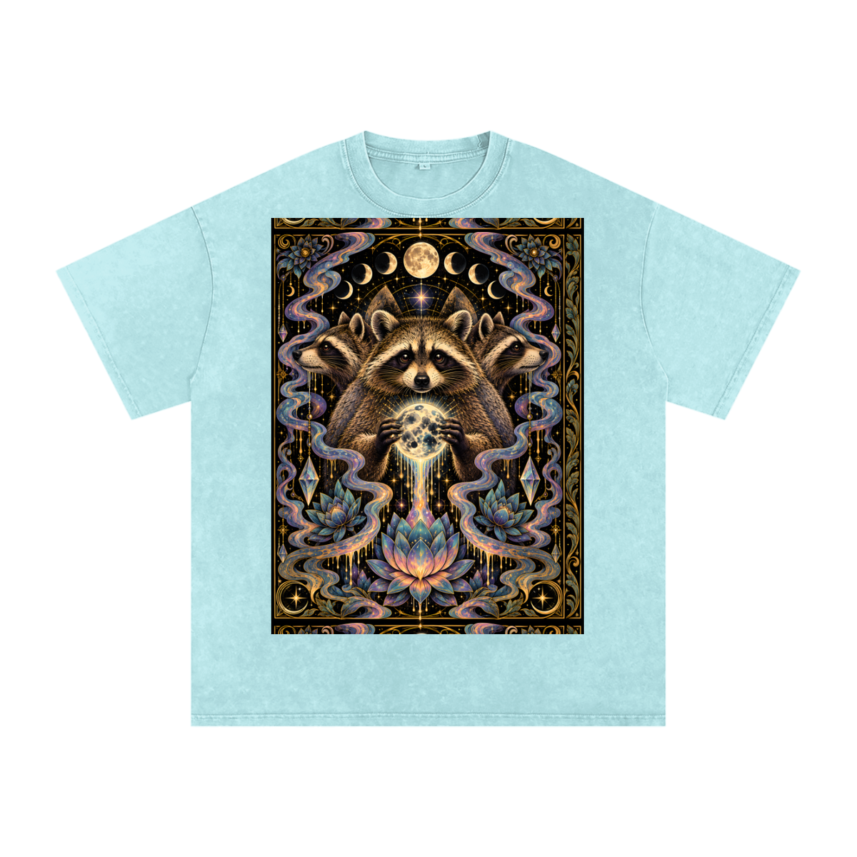 Raccoon Rorshach Moon Lotus Drip Snow Washed Oversized Cotton T-Shirt
