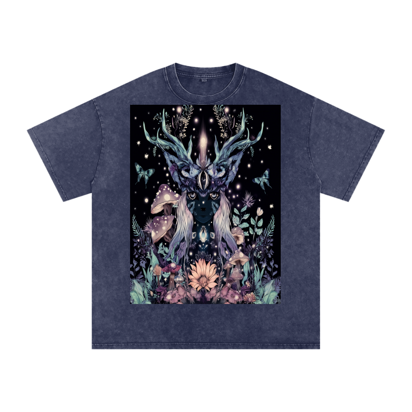 Winter Solstice Dark Mushroom Night Fawn Dark Fairy  Festival Snow Washed Oversized Cotton T-Shirt