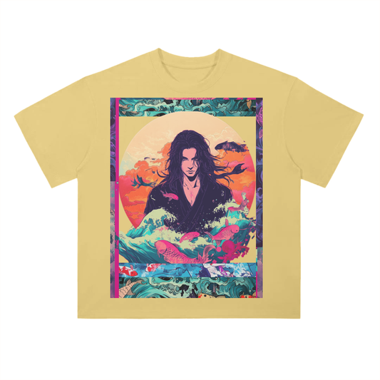 Retro Beach Koi Edo Shaman Kibuki Man Beach Wave Sun Melt Skyline Vision Graphic Drop Shoulder T-Shirt