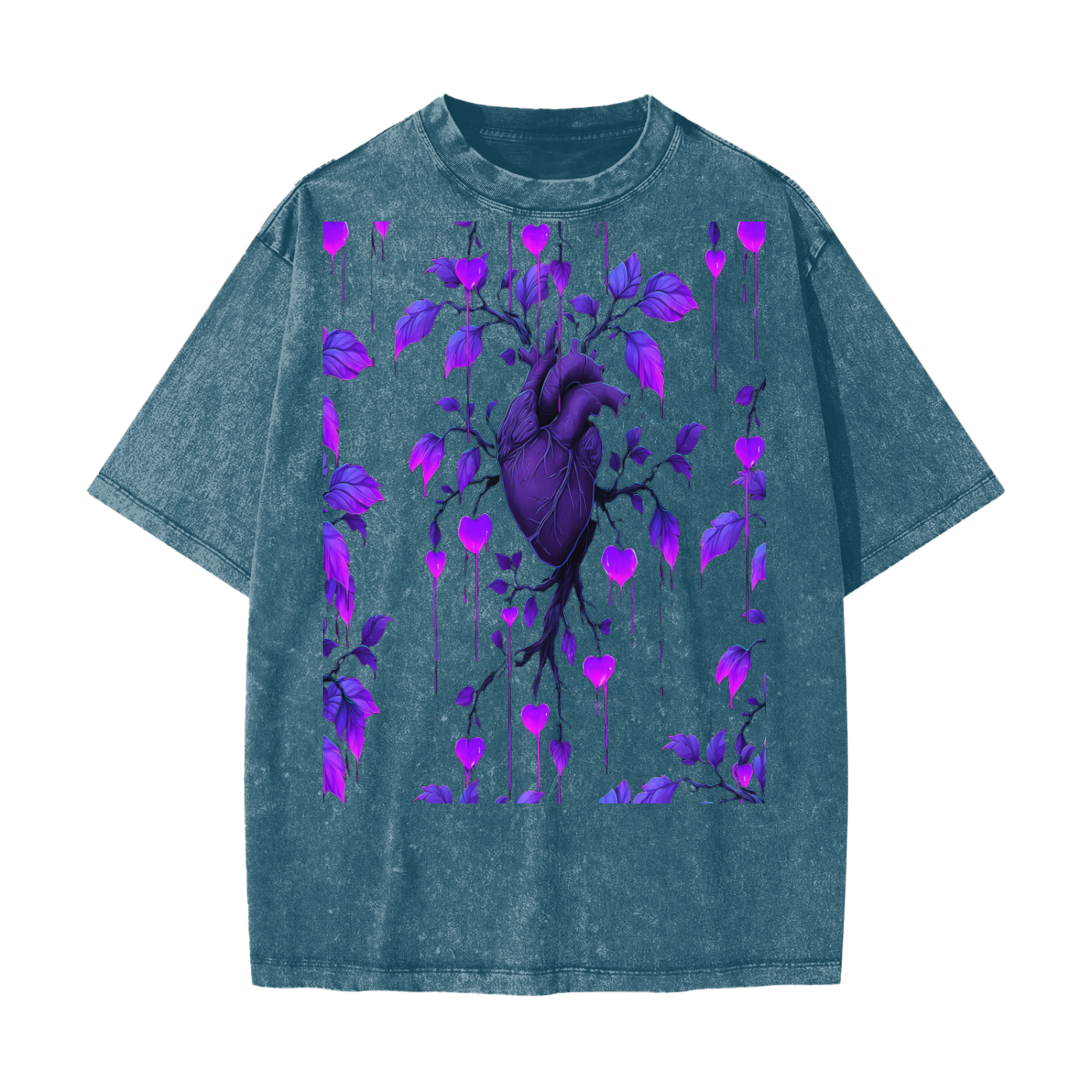 Neon Purple Heart Vine Goth Rave Festival Grunge Floral Snow Washed T-Shirt