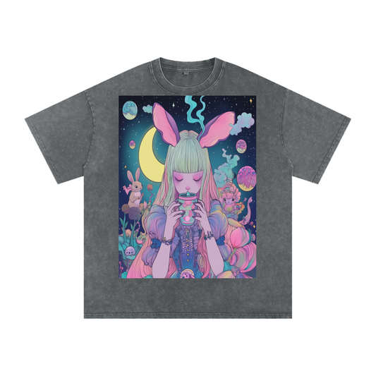 Tea Time Boba UV Pastel Alice SipTee by Moonlight Snow Washed Oversized Cotton T-Shirt