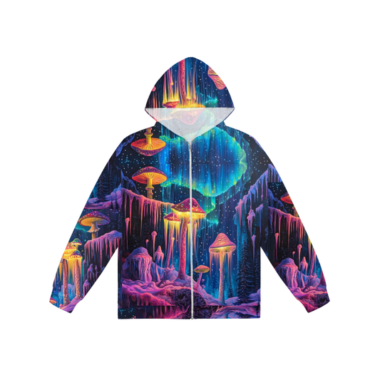 Galactic Winter Mushroom Psychedelic Aura Borealis Neon Ice Lights in Space Festival All-Over Print Women's No Pocket Zip Hoodie