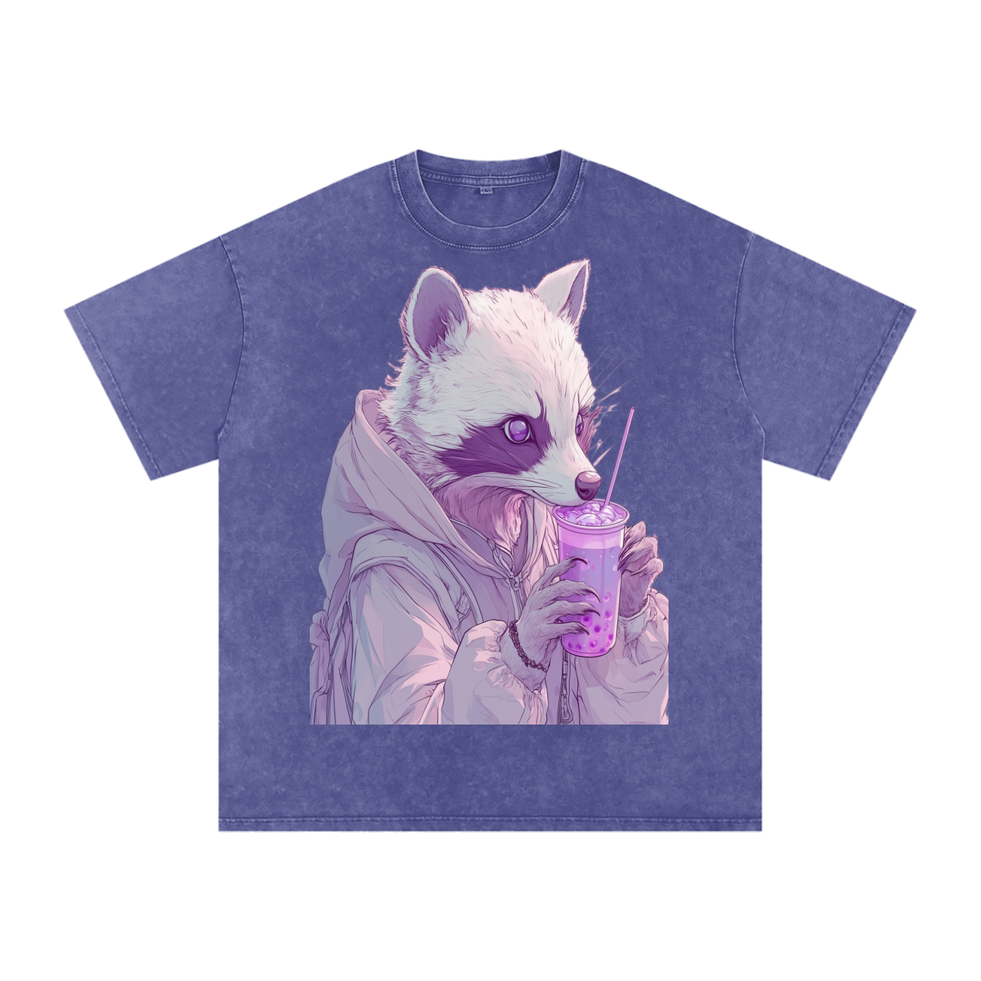 Pastel Pink Lavender Racoon Rainy Day Grunge Punk Anime Boba Tea Boyfriend fit Acid Wash Oversize T-Shirt - Cotton  Acid Wash Oversize T-Shirt - 250 GSM