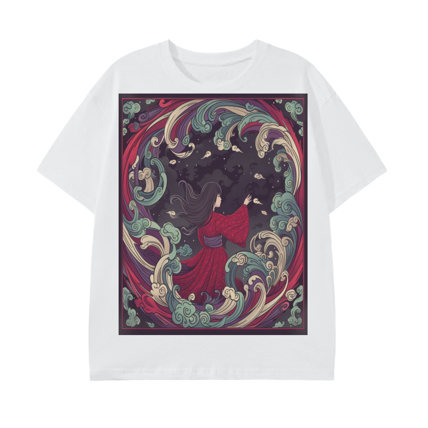 Wave Girl Ocean Night Swirl Avant Kimono Anime Graphic Print Unisex Classic T-Shirt