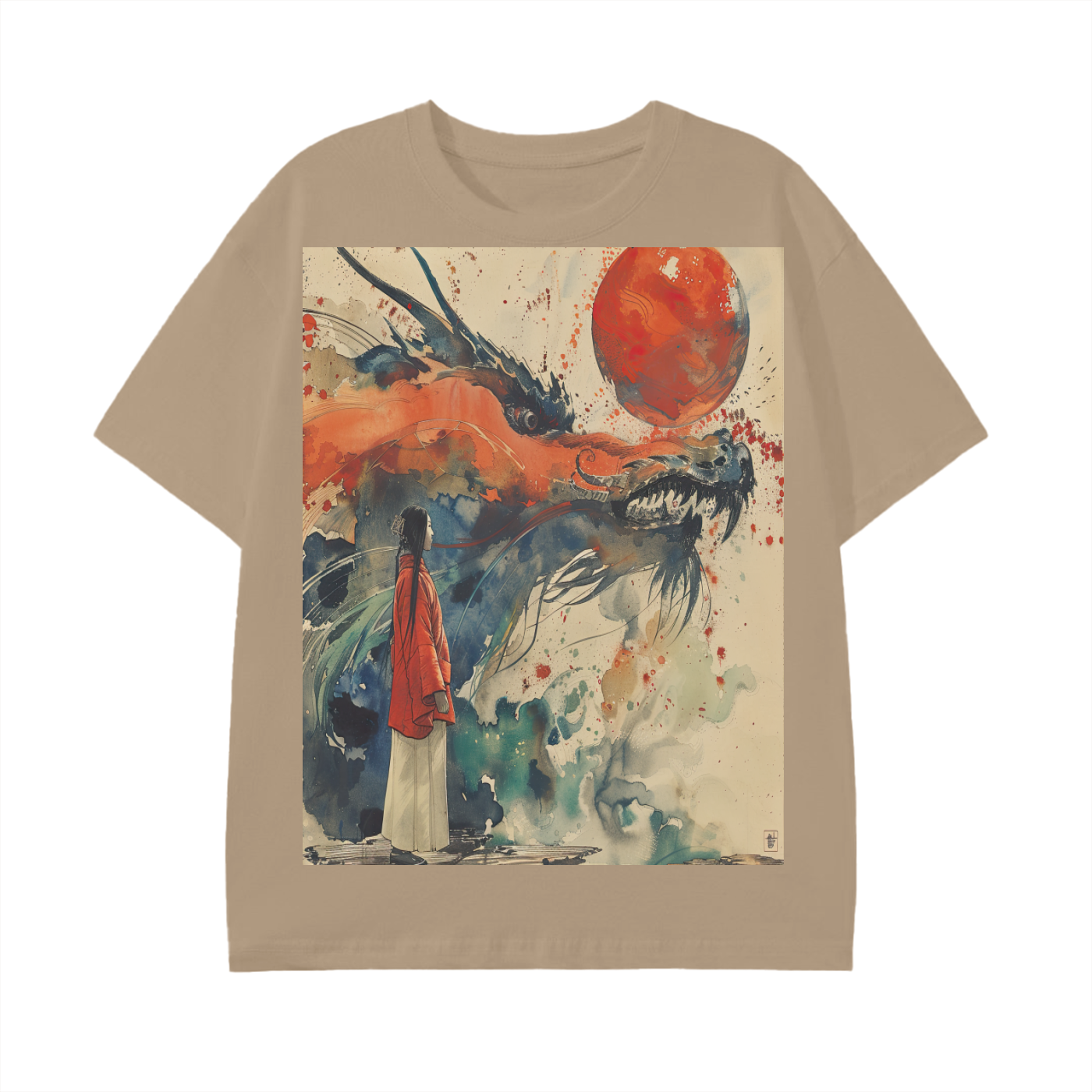 Watercolor Silhouette Kimono Dragon lady Splatter Sepia Red Blood Moon Anime Graphic Print Unisex Classic T-Shirt