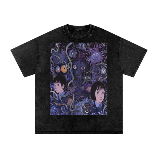 Purple Horror Anime Vine Creature Scene Unisex Tee Snow Washed Oversized Cotton T-Shirt