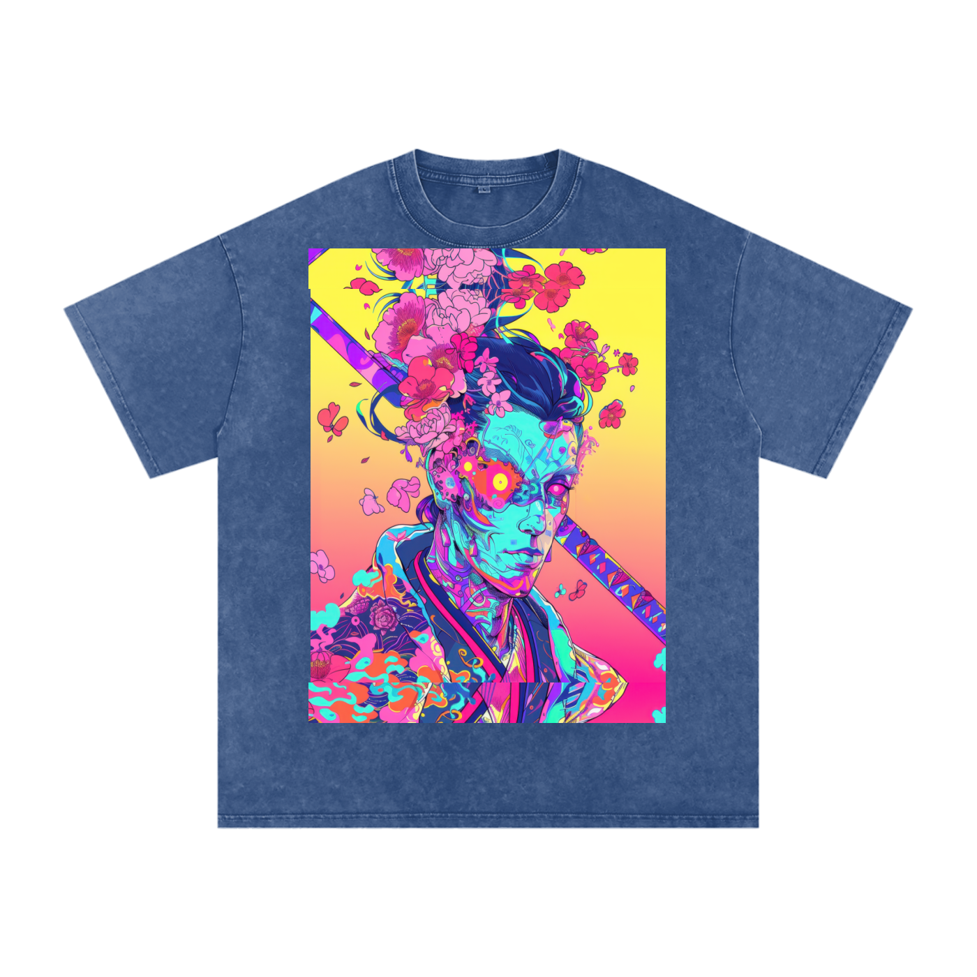 Avant Ombre Floral Samurai Cherry Blossoms Unisex Tee Snow Washed Oversized Cotton T-Shirt