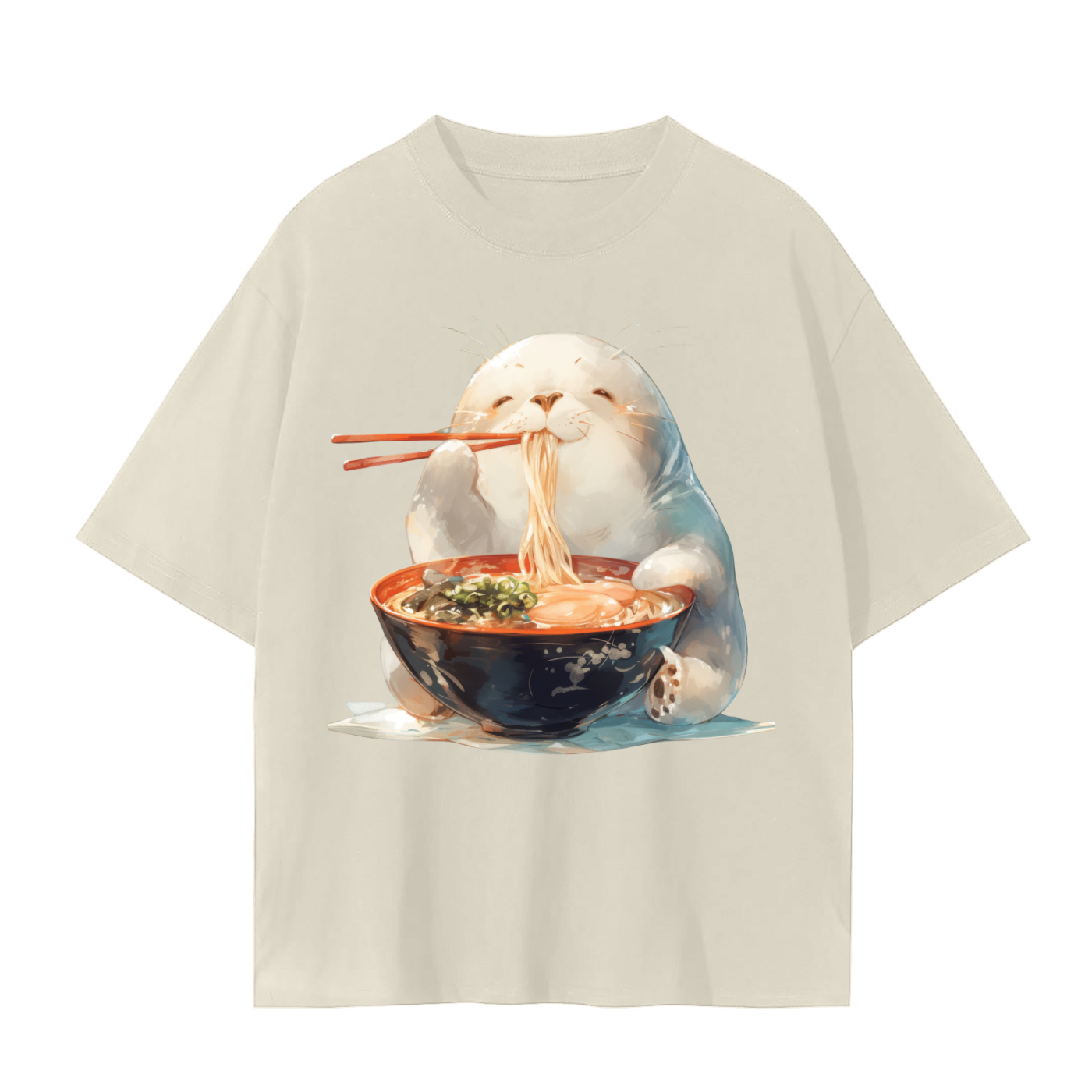Happy Chibi Anime Seal Eating Ramen with Chopsticks Unisex Seamless T-Shirt