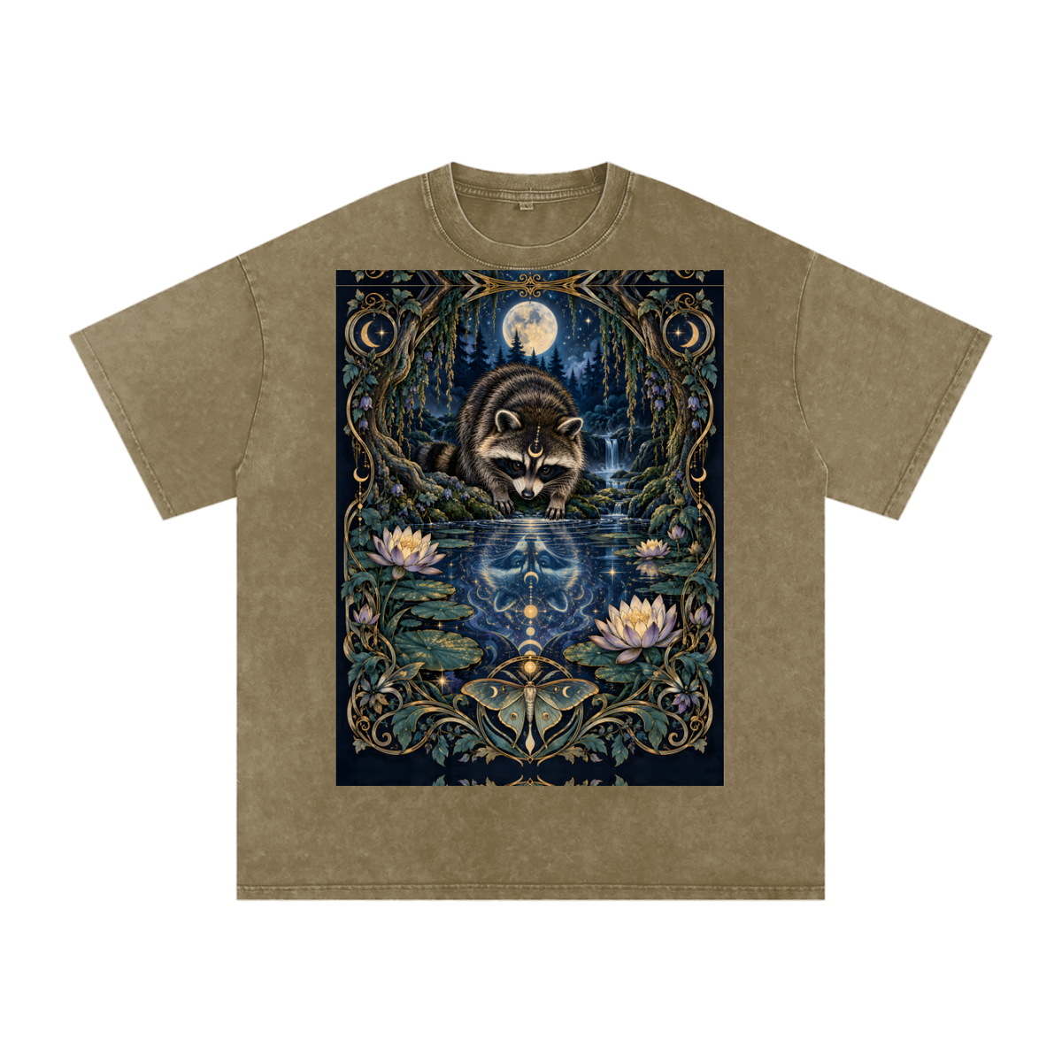 Raccoon Night Woods Lotus Reflection Fall Snow Washed Oversized Cotton T-Shirt