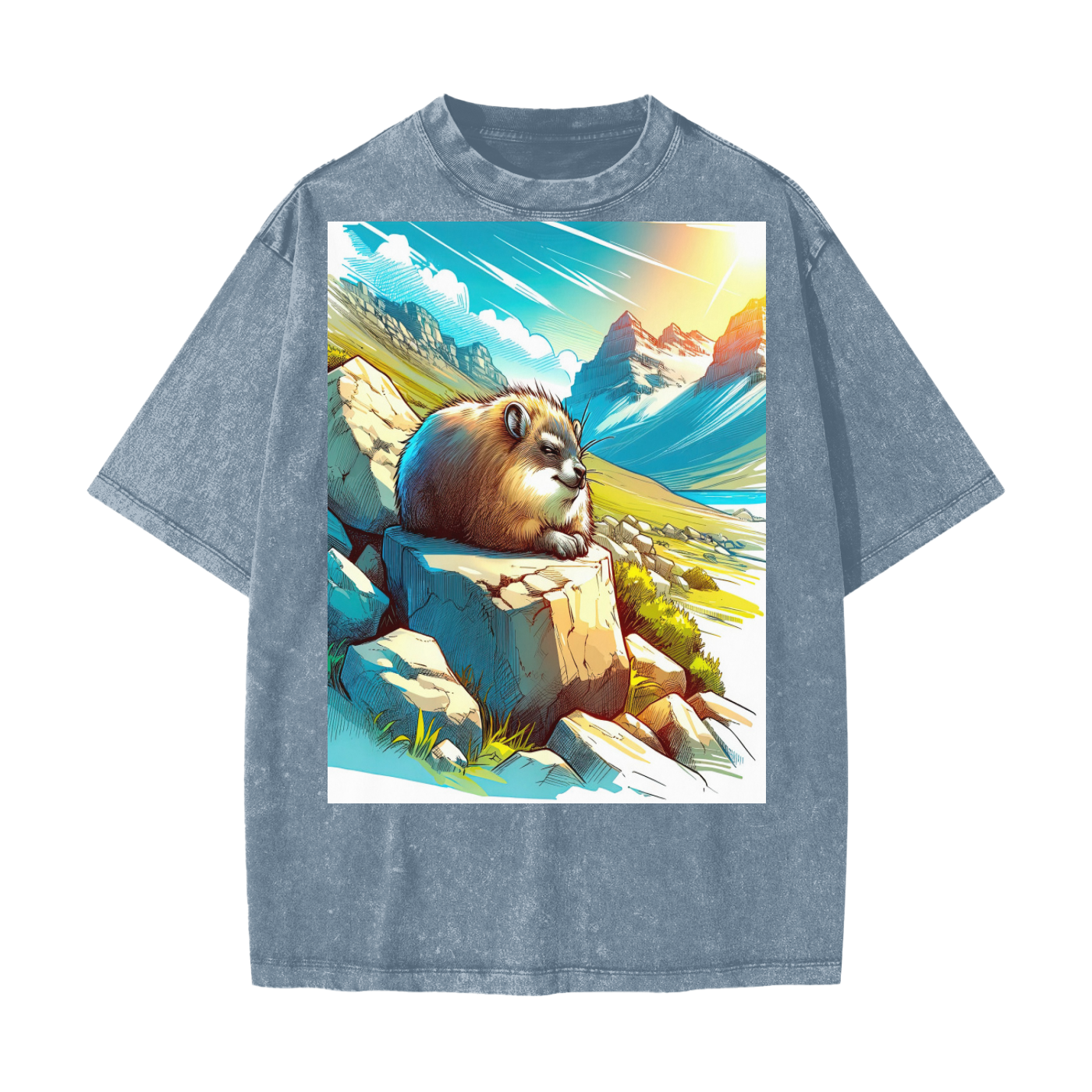 Anime Hyrax Blue skies basking on Rocks in field Festival Rave Unisex T-Shirt Heavyweight Snow Washed T-Shirt