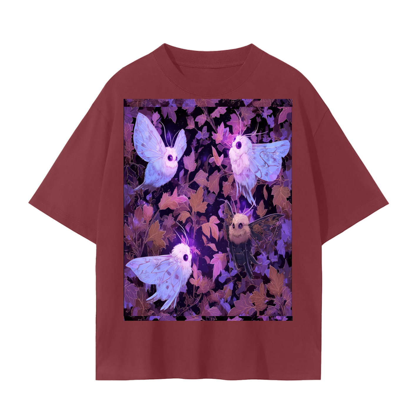 Fall White Fluffy Big Eye Moth Parade Moonlight Leaves Anime Night Unisex Seamless T-Shirt