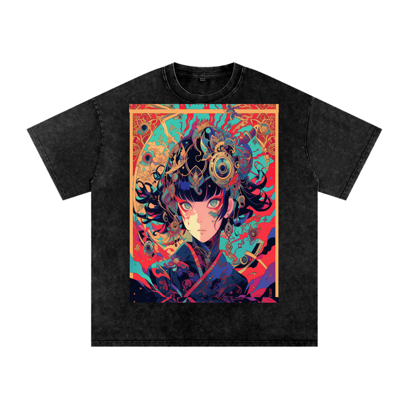 Red Fractal Kimono Anime Avant Lady hot colors Teal Moon Unisex Bordered fractal Tee| Bella Canvas Unisex Tee | Graphic Tee Print Snow Washed Oversized Cotton T-Shirt