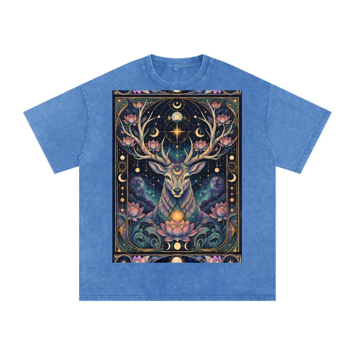 Cosmic Space Deer Lotus Moon Grunge Psy Festival Snow Washed Oversized Cotton T-Shirt