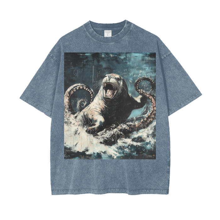 Rustic Kraken Vs Sea Lion Ocean Waves Acid Wash Oversize T-Shirt - 250 GSM