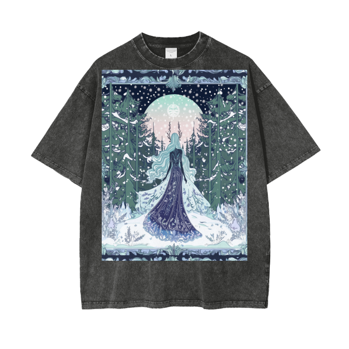 Winter Goddess Maiden Enters Full Moon Woodland Tree Sky Border Acid Wash Oversize T-Shirt - 250 GSM