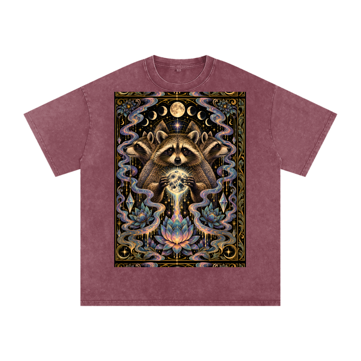 Raccoon Rorshach Moon Lotus Drip Snow Washed Oversized Cotton T-Shirt