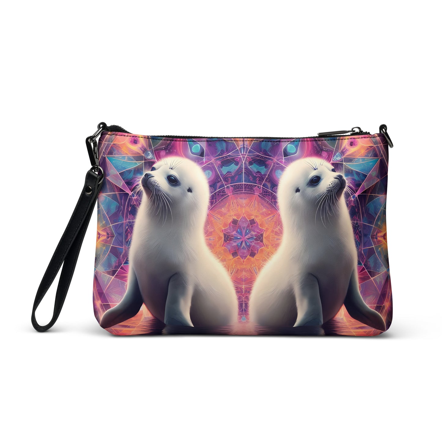 Harp Seal Dancing Purple Pink Festival Psy Fractal Burst Crossbody bag