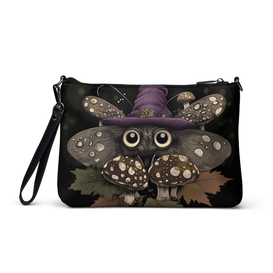 Cottagecore Chibi Anime Moth Witchhat Purple Mushroom Leaves Cluster Circle Border Crossbody bag