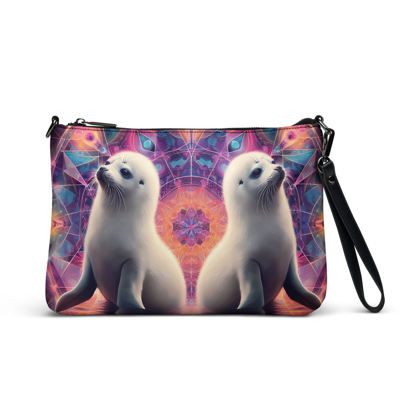 Harp Seal Dancing Purple Pink Festival Psy Fractal Burst Crossbody bag