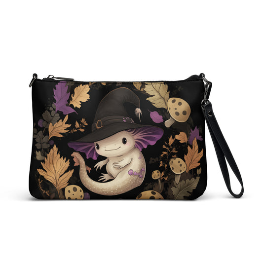 Axolotl Purple Witchhat Mushroom Fall Leaves Cottagecore Circle Crossbody bag