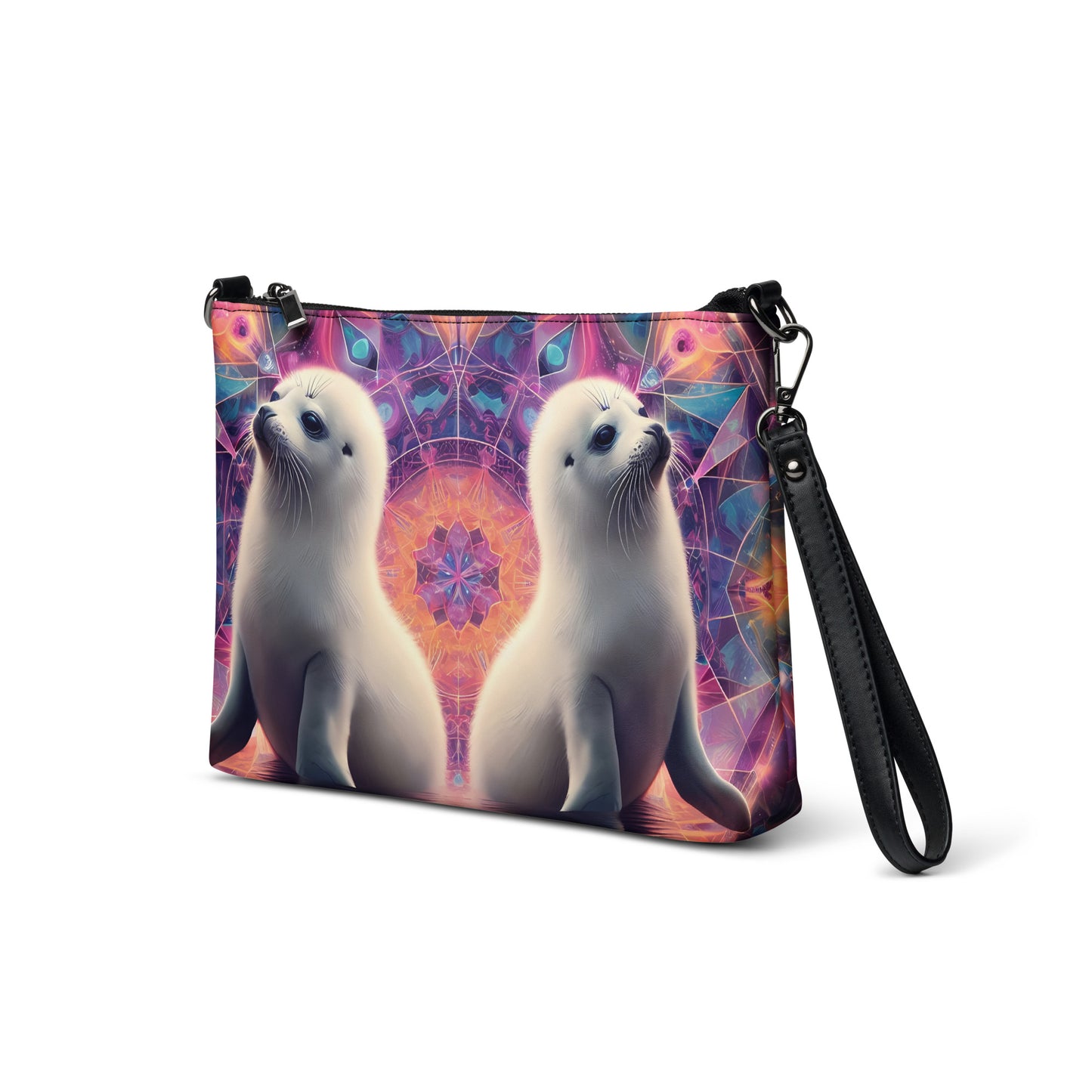 Harp Seal Dancing Purple Pink Festival Psy Fractal Burst Crossbody bag