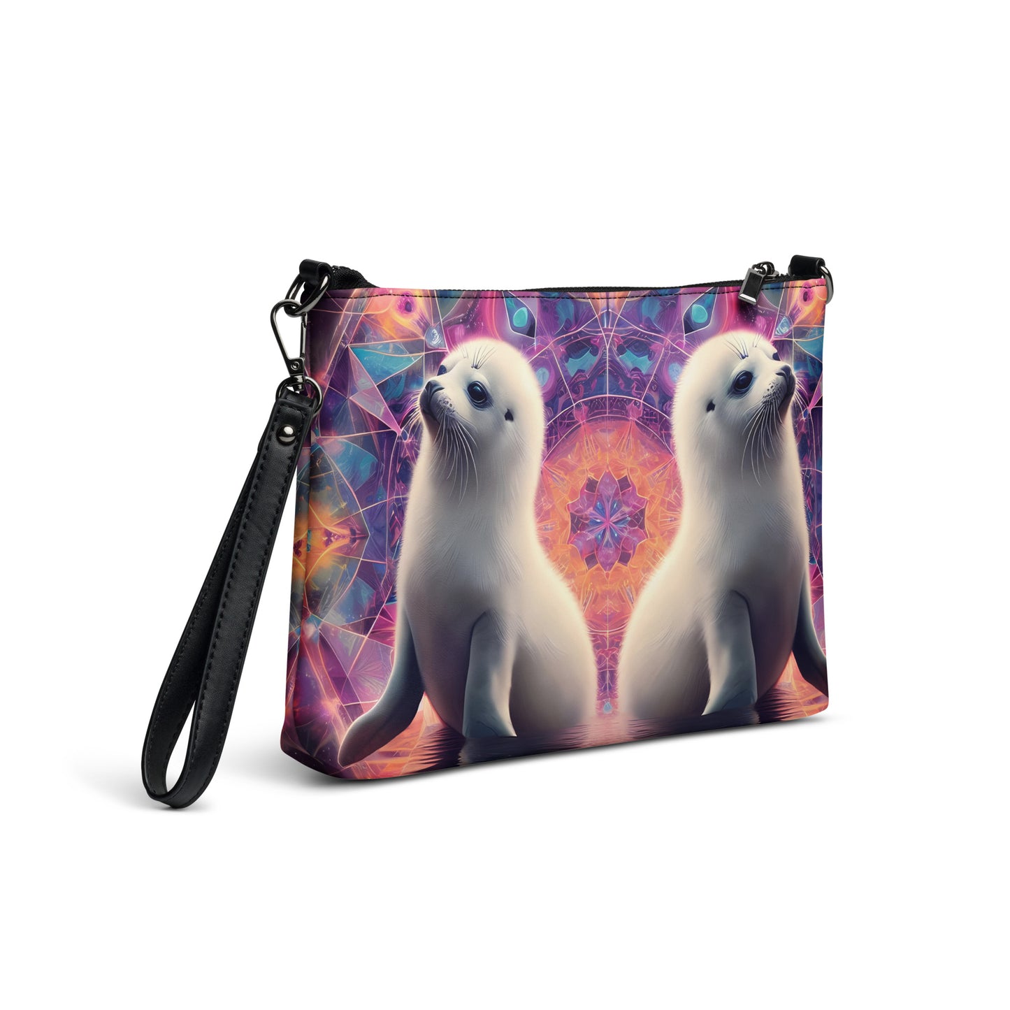 Harp Seal Dancing Purple Pink Festival Psy Fractal Burst Crossbody bag