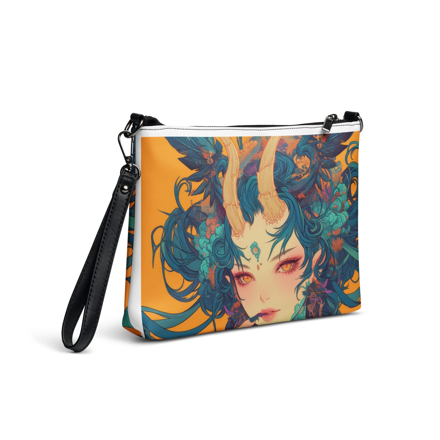 Avant Yellow Teal Hair Green Fractal Yokai Horn Goddess Lady Crossbody bag