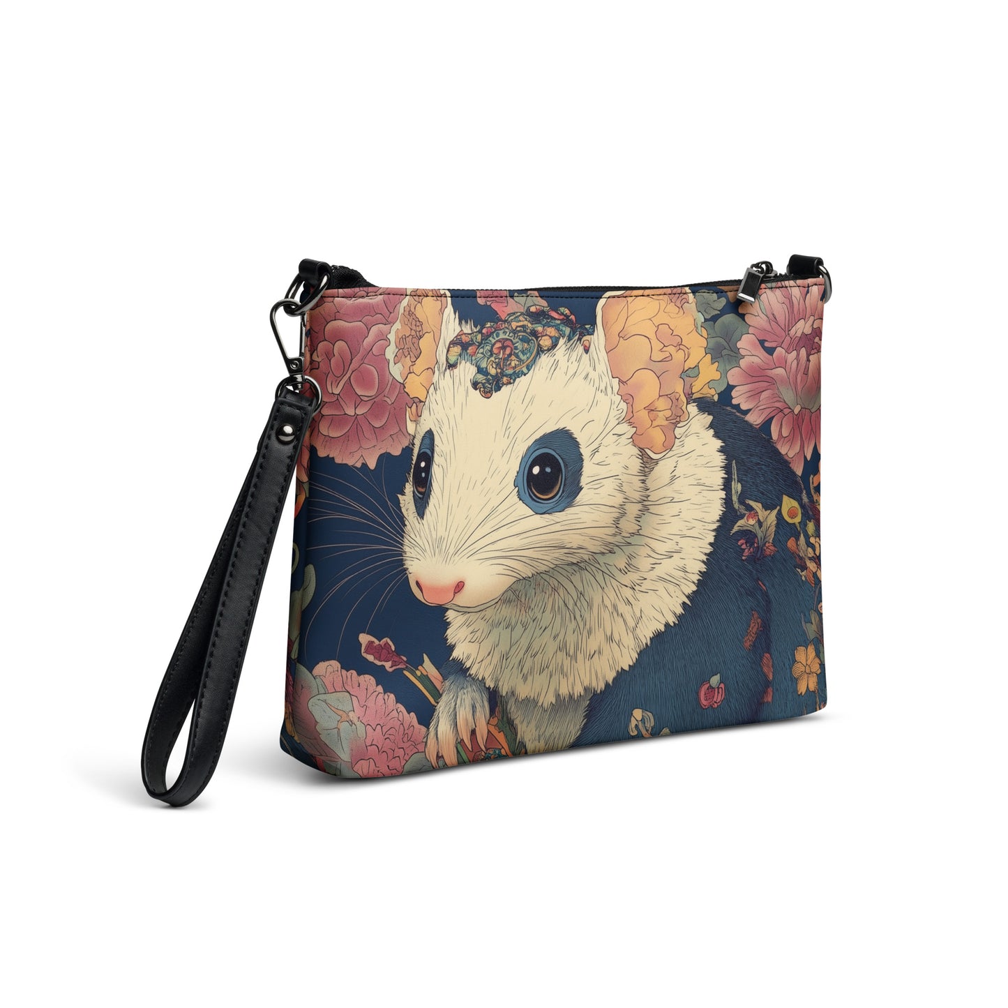 Victorian Art Noveau Floral Cottage Blue Opossum Crossbody bag