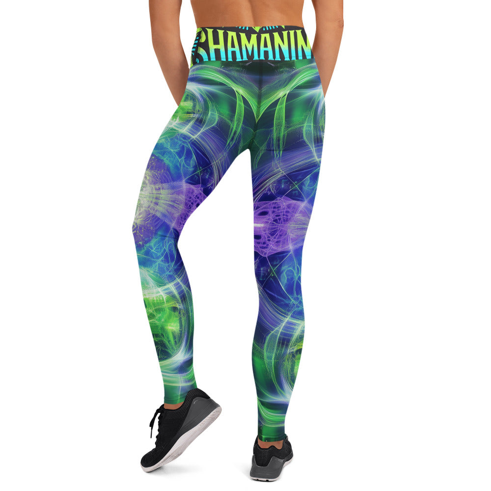 Green Lime White Blue Fractal Sacred Geometry Psy Festival Yoga All Over Print Leggings ShamanInk Threads