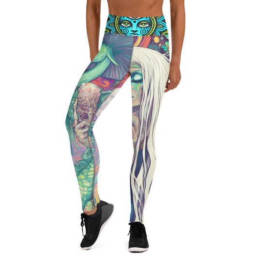 Psychedelic Festival Green Haired Goddess Yokai White Hair Shaman Swirl Sage Yoga All over Print Leggings