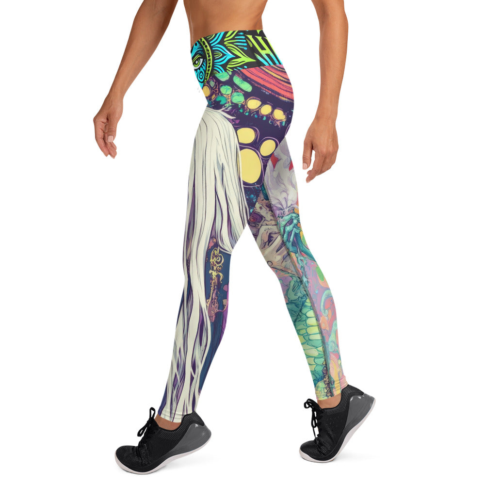 Psychedelic Festival Green Haired Goddess Yokai White Hair Shaman Swirl Sage Yoga All over Print Leggings