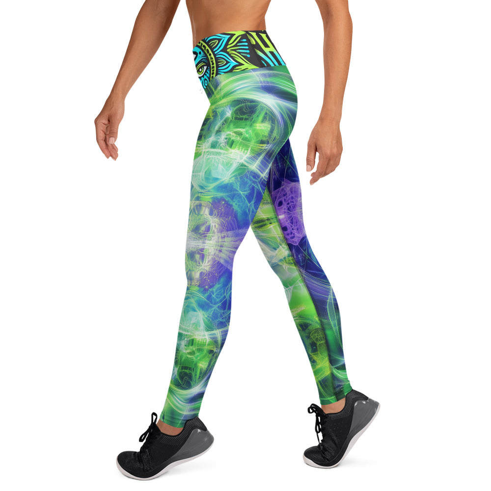 Green Lime White Blue Fractal Sacred Geometry Psy Festival Yoga All Over Print Leggings ShamanInk Threads