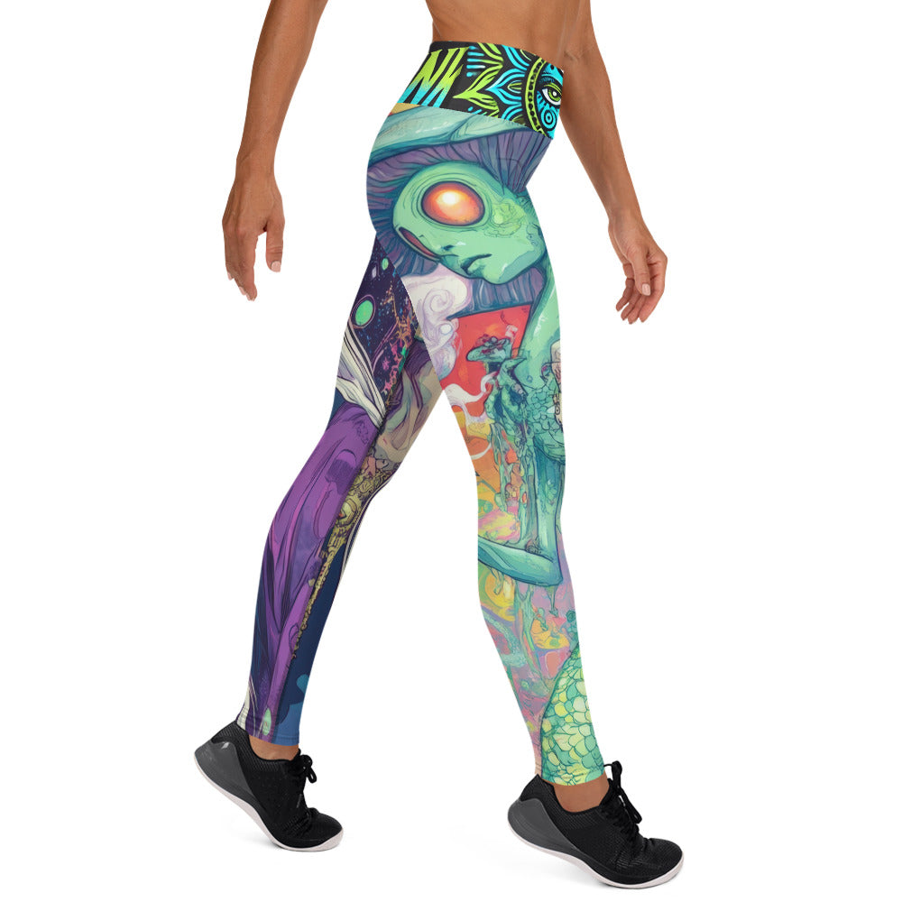 Psychedelic Festival Green Haired Goddess Yokai White Hair Shaman Swirl Sage Yoga All over Print Leggings
