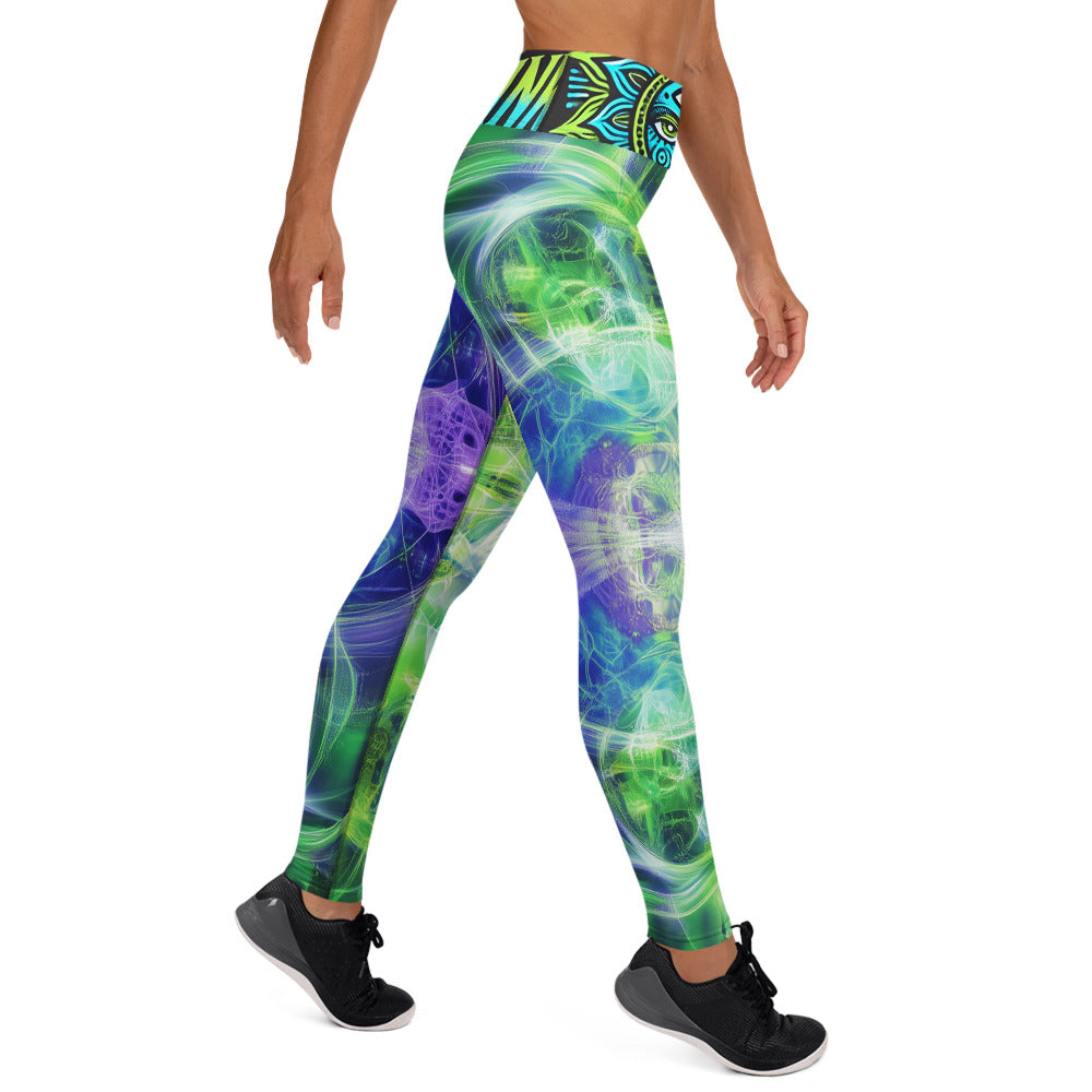 Green Lime White Blue Fractal Sacred Geometry Psy Festival Yoga All Over Print Leggings ShamanInk Threads