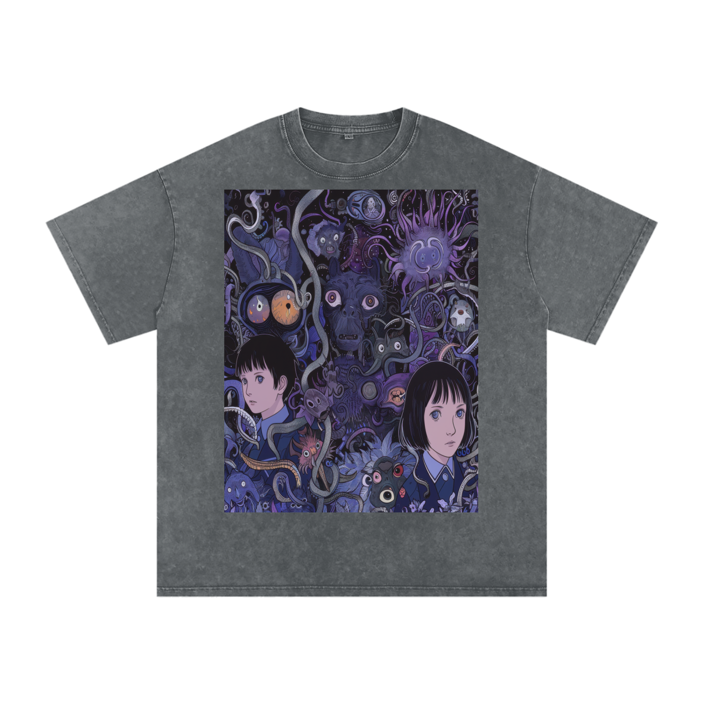 Purple Horror Anime Vine Creature Scene Unisex Tee Snow Washed Oversized Cotton T-Shirt