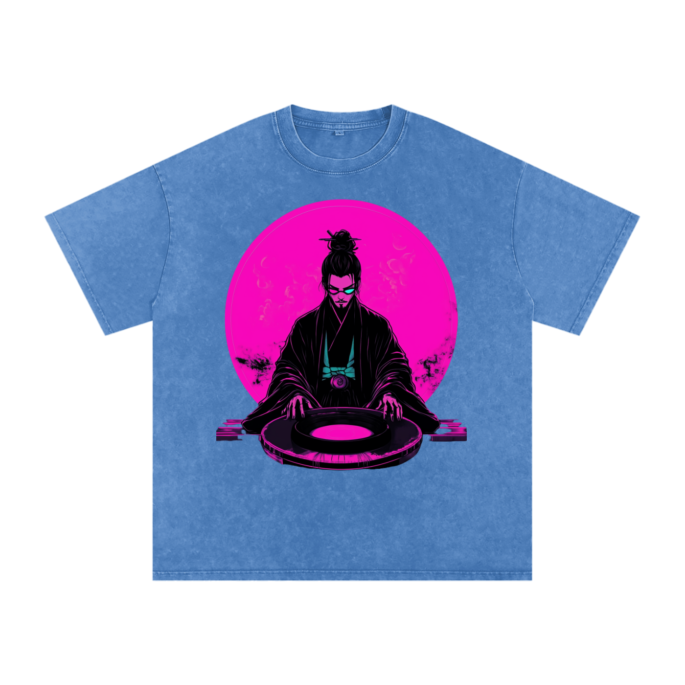 Neon Moon DJ Edo Samurai Wizard Traveler Grunge Punk Rave Festival Acid Wash Oversize T-Shirt - 250 GSM
