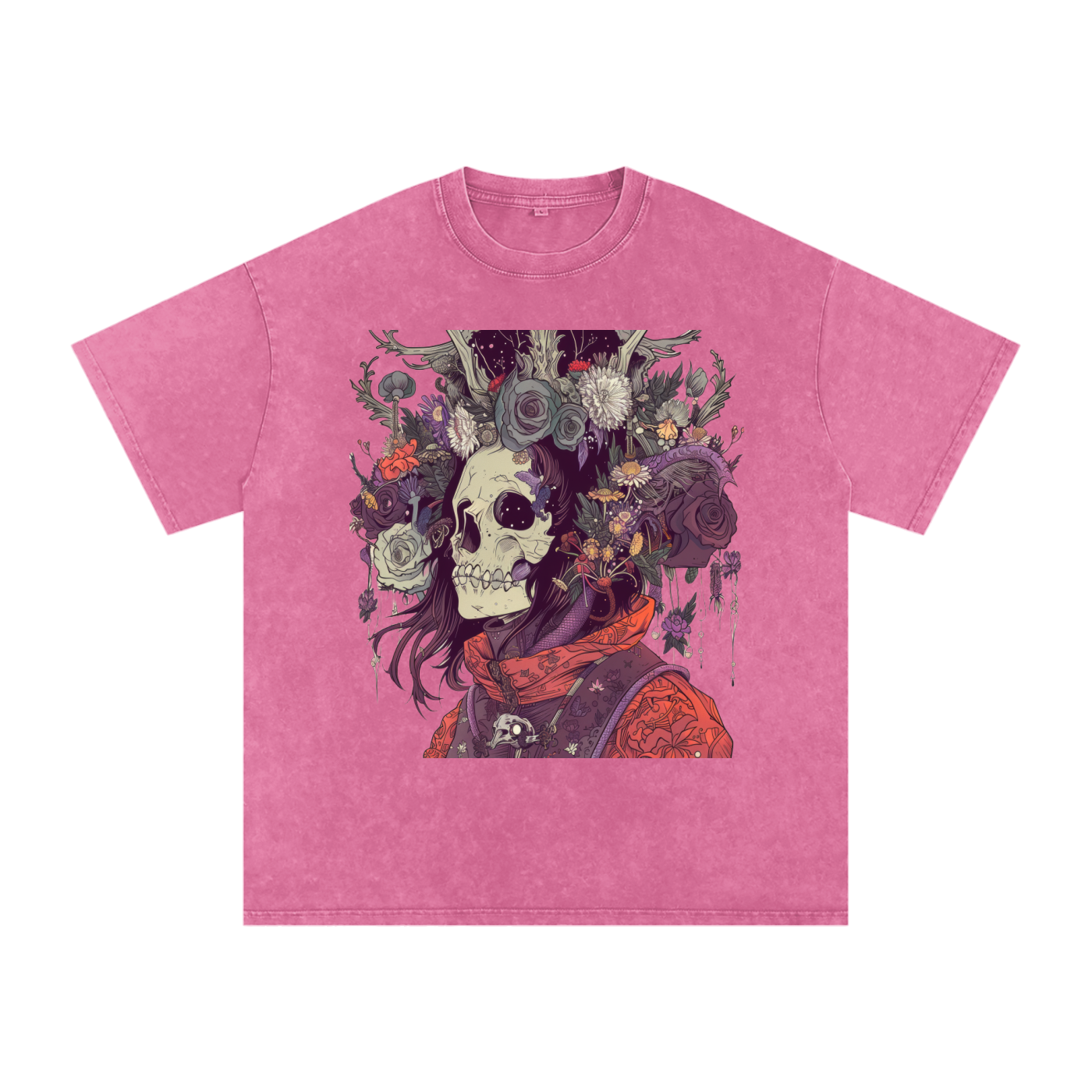 Skull Floral Sepia Warrior Tattoo Abstract Unisex graphic Tee Snow Washed Oversized Cotton T-Shirt