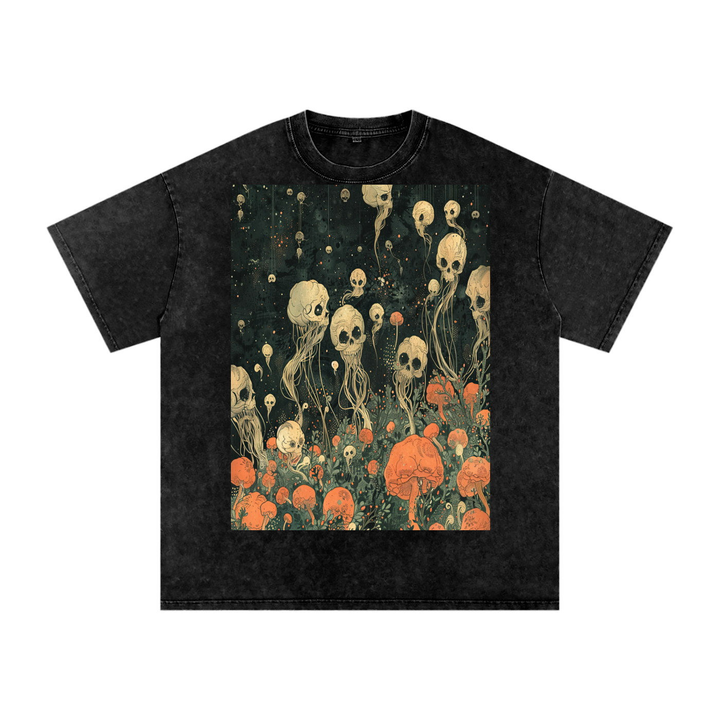 Sepia Skull Flower Hibiscus Night Garden Unisex Tee Snow Washed Oversized Cotton T-Shirt