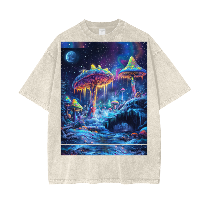 Psychedelic Winter Moonlight Muscaria Ice Space Galaxies Festival Psy Acid Wash Oversize T-Shirt - 250 GSM