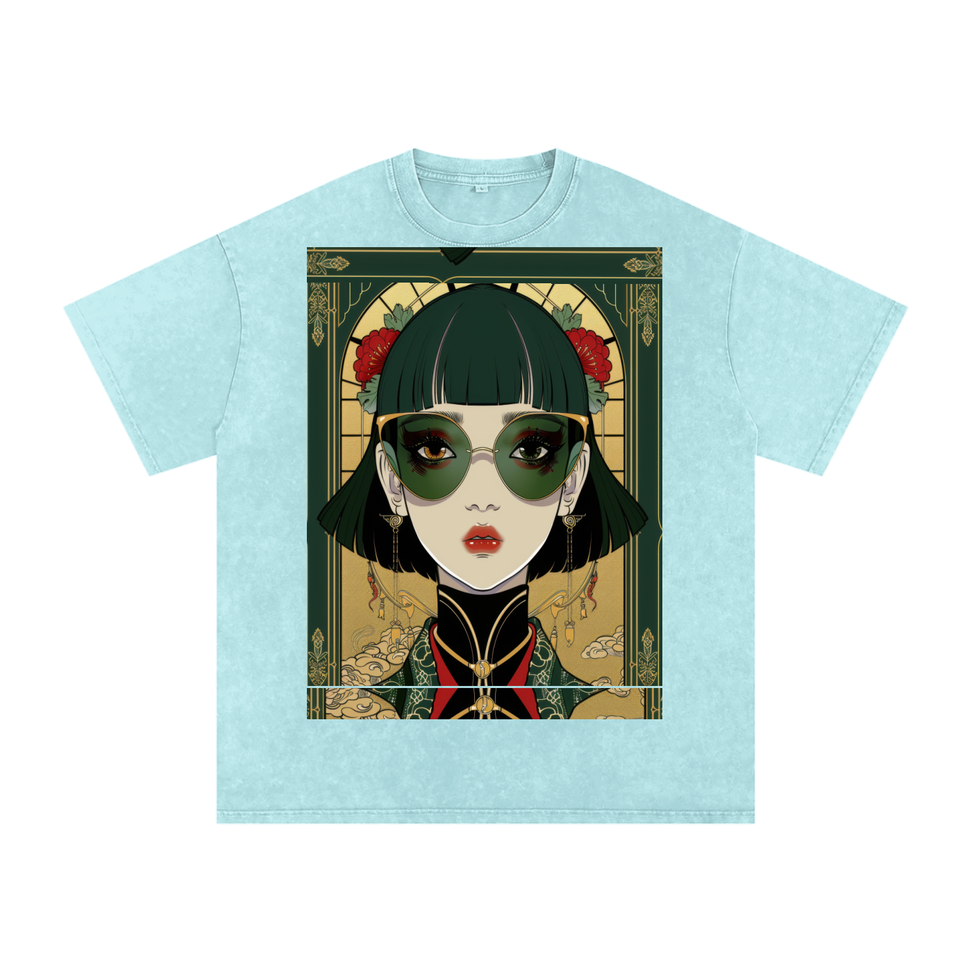 Green Steam Punk Avant Anime lady Unisex Tee Snow Washed Oversized Cotton T-Shirt