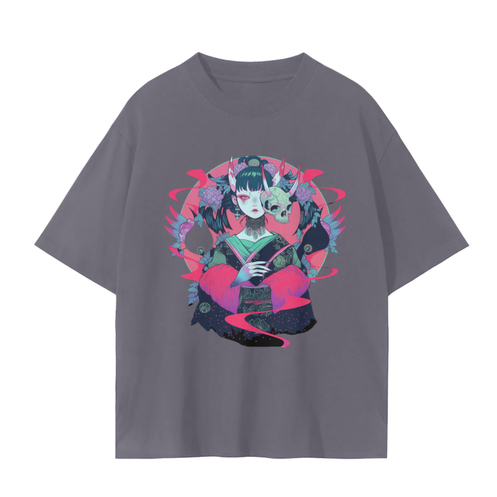 Asian Anime Skull Kimono Samurai Warrior Yokai Vision Appears Regular Fit Drop Shoulder Seamless T-Shirt - 230 GSM