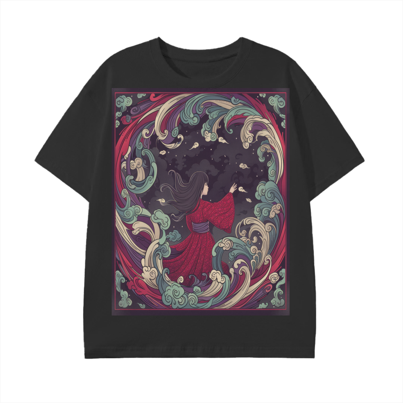 Wave Girl Ocean Night Swirl Avant Kimono Anime Graphic Print Unisex Classic T-Shirt
