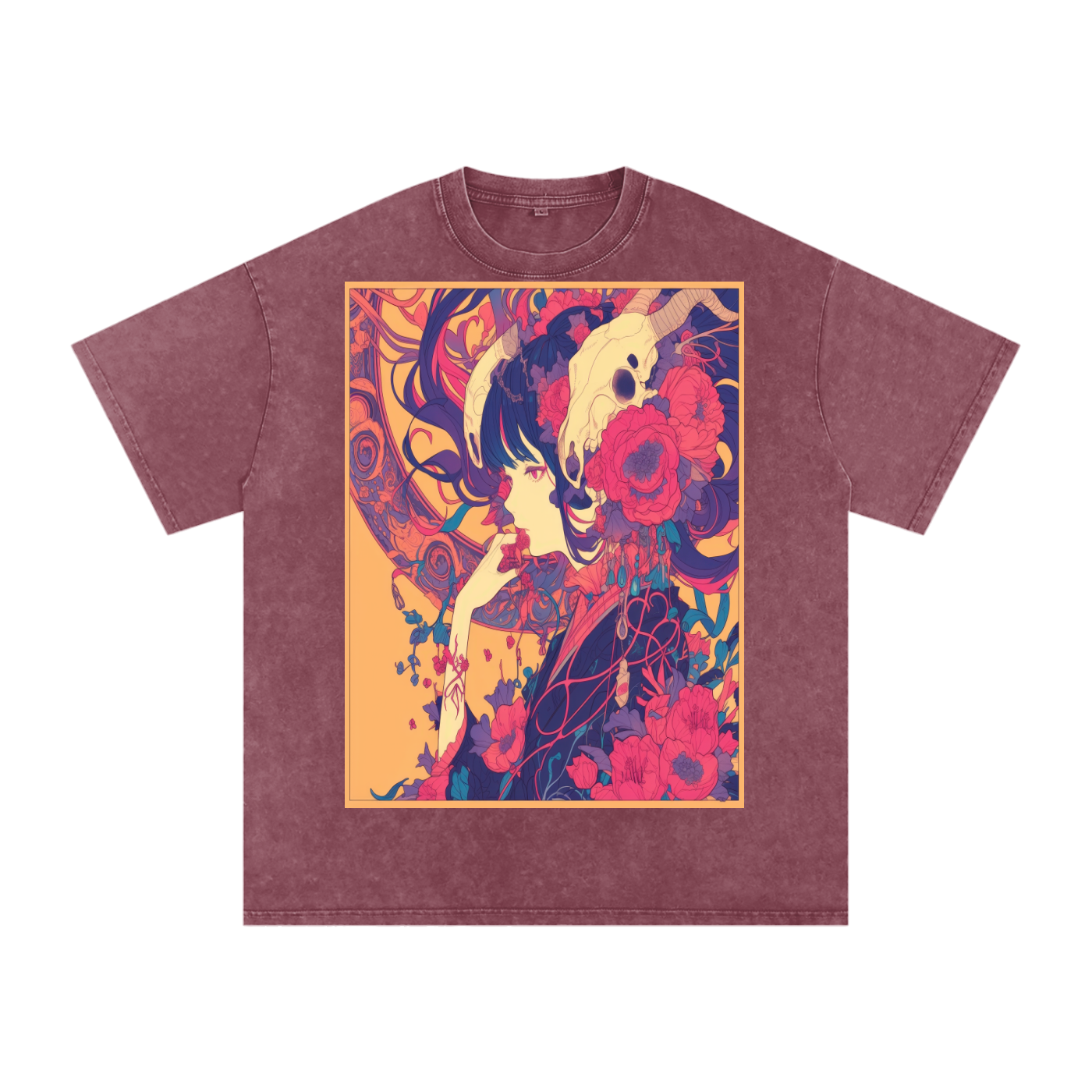 Autumn Avant Yellow Girl Floral Nouveau Skull Unisex Tee-Snow Washed Oversized Cotton T-Shirt
