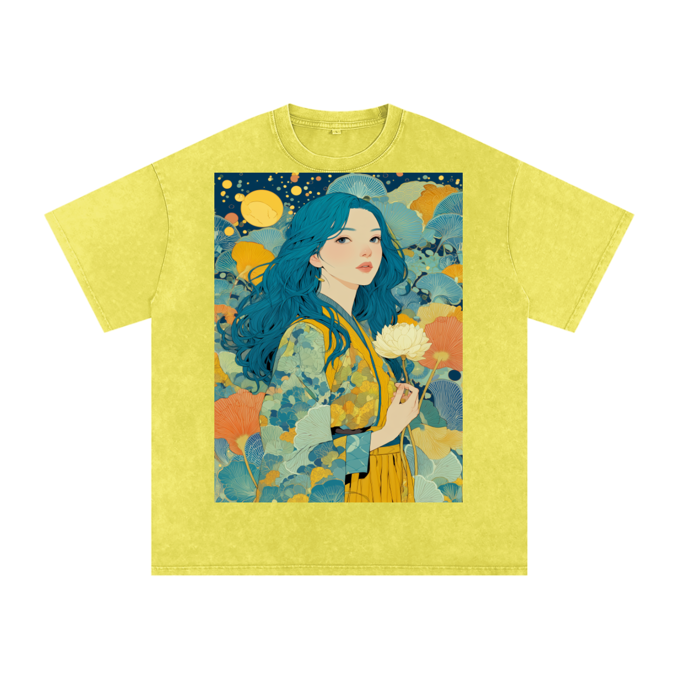 Teal Full Moon Lotus Goddess Psychedelic Art Nouveau Snow Washed Oversized Cotton T-Shirt