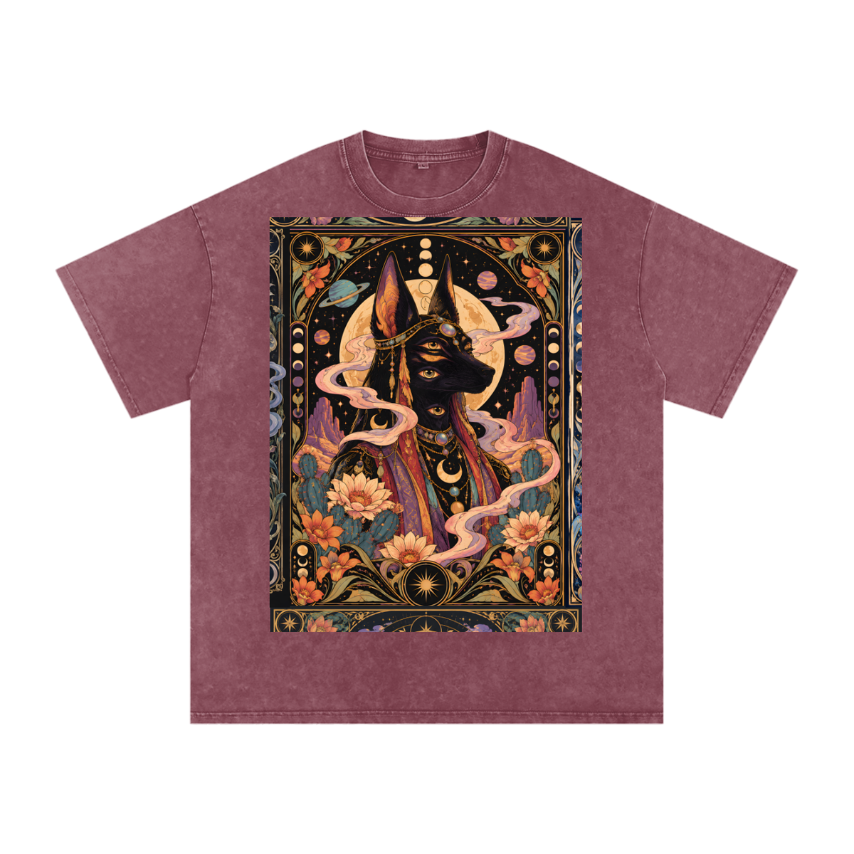 Anubis Egyptian Lotus Moon Tarot Grunge Psy Festival Snow Washed Oversized Cotton T-Shirt Tee