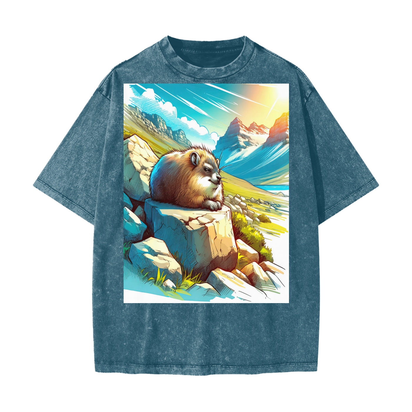 Anime Hyrax Blue skies basking on Rocks in field Festival Rave Unisex T-Shirt Heavyweight Snow Washed T-Shirt