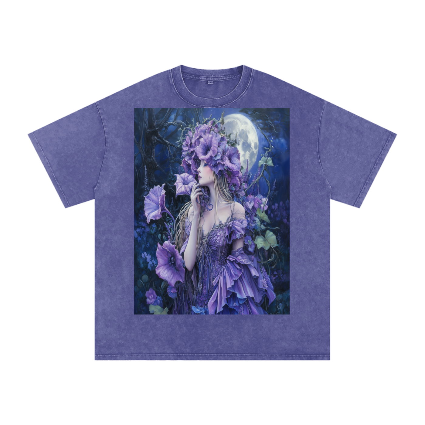 Lavender Datura Moon lit Trumpet Flower Fairy Snow Washed Oversized Cotton T-Shirt