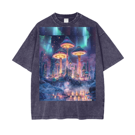 Mushroom City Northern Lights Borealis Bridge Psychedelic Dreamscape Festival Psy Streetwear Acid Wash Oversize T-Shirt - 250 GSM