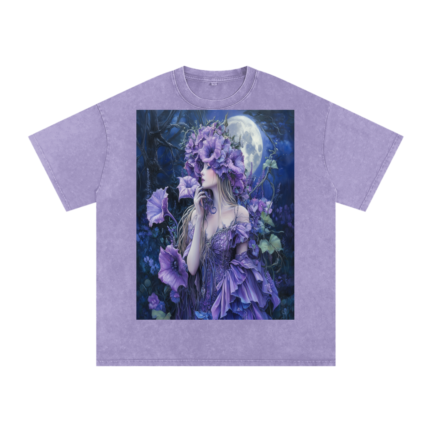 Lavender Datura Moon lit Trumpet Flower Fairy Snow Washed Oversized Cotton T-Shirt