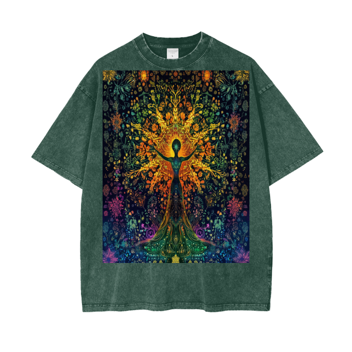 Pagan Goddess of Solar Woodland Harvest Winter Snowflake Psychedelic color burst Festival Psy streetwear Acid Wash Oversize T-Shirt - 250 GSM